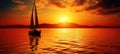 Tranquil Golden Sunset Over Ocean with Sailboat on Horizon, Emphasizing Grandeur and Serenity