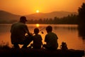 Tranquil Grandfather grandson fishing sunset. Generate Ai Royalty Free Stock Photo