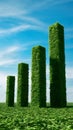 Tranquil green structures in field, under blue sky, symbolizing growth and harmony with nature