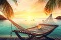 Tranquil Hammock Scene: Summer Vacation Paradise with Ocean View and Sunset Sky