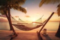 Tranquil Hammock Scene: Summer Vacation Paradise with Ocean View and Sunset Sky