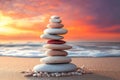 Tranquil Harmony A Beautiful Compilation of Balanced Smooth Stones on a Serene Seashore at Sunset Royalty Free Stock Photo