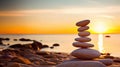 Tranquil Harmony Serene Sunrise with a Stack of Pebbles on the Beach, Symbolizing Life Balance and Peaceful Mind. created with
