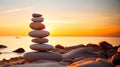 Tranquil Harmony Serene Sunrise with a Stack of Pebbles on the Beach, Symbolizing Life Balance and Peaceful Mind. created with