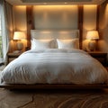 Tranquil haven comfortable bedroom with tidy white bed and lamps