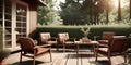Tranquil Haven: Scandinavian Backyard Terrace with Wood and Leather Chairs in Earthy Tones Royalty Free Stock Photo