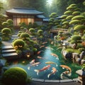 Tranquil Haven: Serene Koi Fish Pond in Japanese Garden