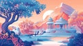 Tranquil Hindu Temple at Sunrise Illustration