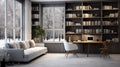 Tranquil Home Office or Library with Custom Built-in Bookshelves and Comfortable Seating AI Generated