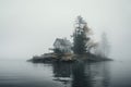 Tranquil House island foggy lake. Generate Ai Royalty Free Stock Photo