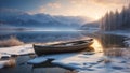 Lonely boat in a snowy lake at dawn of day. Royalty Free Stock Photo