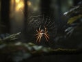 A spider weaving its web in a dimly lit forest at dusk