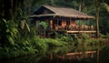 Tranquil hut on stilts, surrounded by lush tropical forest generated by AI Royalty Free Stock Photo