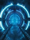 A tranquil, illuminated passage with a serene, glowing blue atmosphere created by pulsating neon rings that invites the