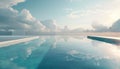 Serene infinity pool reflecting a dynamic cloudy sky, tranquil waters, and modern minimalist architecture. Royalty Free Stock Photo