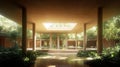 Tranquil interior courtyard, bathed in natural light, surrounded by lush greenery and serene water feature