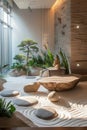 Tranquil interior Zen garden with bonsai tree, smooth stones, sand patterns, and warm lighting, symbolizing peace and Royalty Free Stock Photo