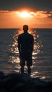 Tranquil introspection Silhouette of a man absorbed by coastal beauty