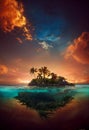 Tranquil island setting with several palm trees silhouetted against a sunset sky, AI-generated. Royalty Free Stock Photo