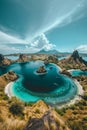 Tranquil island vista comical shape, lush hills, sandy beaches, viewed from dawn lit mountain peak