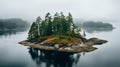 Tranquil Islet With Deciduous Trees And Firs In Rainy Weather