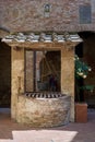 Tranquil Italian courtyard featuring a rustic well and a planter overflowing with lush foliage.