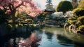 Tranquil Japanese garden adorned with delicate cherry blossoms. Ai Generated.NO.04