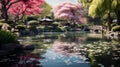 Tranquil Japanese garden adorned with delicate cherry blossoms. Ai Generated.NO.02