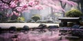 Tranquil Japanese Garden with Cherry Blossoms