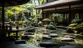 Tranquil Japanese garden green pond, bamboo, stone, and koi fish generated by AI Royalty Free Stock Photo