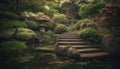 Tranquil Japanese garden with green trees, pond, and stone lantern generated by AI Royalty Free Stock Photo