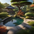 A tranquil Japanese garden, with a koi pond and bonsai trees, offering a peaceful retreat from the outside world4