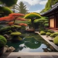 A tranquil Japanese garden, with a koi pond and bonsai trees, offering a peaceful retreat from the outside world3