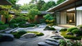 Tranquil Japanese Garden with Modern Architecture. Generative ai Royalty Free Stock Photo