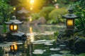 Tranquil Japanese Garden Scene with Lit Lanterns and Lush Greenery at Sunset