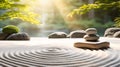 Tranquil japanese garden, serene zen garden with rock and maple tree, mindfulness, balance and harmony concept. generative ai