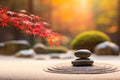 Tranquil japanese garden, serene zen garden with rock and maple tree, mindfulness, balance and harmony concept. generative ai