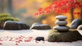 Tranquil japanese garden, serene zen garden with rock and maple tree, mindfulness, balance and harmony concept. generative ai