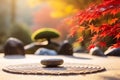 Tranquil japanese garden, serene zen garden with rock and maple tree, mindfulness, balance and harmony concept. generative ai Royalty Free Stock Photo