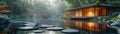 Tranquil Japanese koi pond garden with stepping stones and traditional tea house. Royalty Free Stock Photo