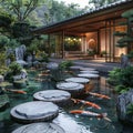 Tranquil Japanese koi pond garden with stepping stones and traditional tea house.3D render. Royalty Free Stock Photo