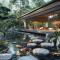 Tranquil Japanese koi pond garden with stepping stones and traditional tea house.3D render. Royalty Free Stock Photo