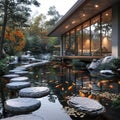 Tranquil Japanese koi pond garden with stepping stones and traditional tea house.3D render. Royalty Free Stock Photo