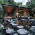 Tranquil Japanese koi pond garden with stepping stones and traditional tea house.3D render.