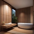 A tranquil Japanese onsen-inspired bathroom with a soaking tub and natural wood accents2