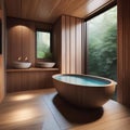 A tranquil Japanese onsen-inspired bathroom with a soaking tub and natural wood accents5