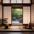 A tranquil Japanese tea house, with sliding doors and a Zen garden, providing a peaceful retreat for contemplation1