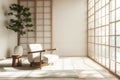 Tranquil Japanese Traditional Living Room With Tatami Floors and Shoji Doors in Morning Light