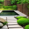 A tranquil Japanese Zen garden with a meditation area, bamboo fencing, and a koi pond5