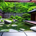 A tranquil Japanese Zen garden with a meditation area, bamboo fencing, and a koi pond1